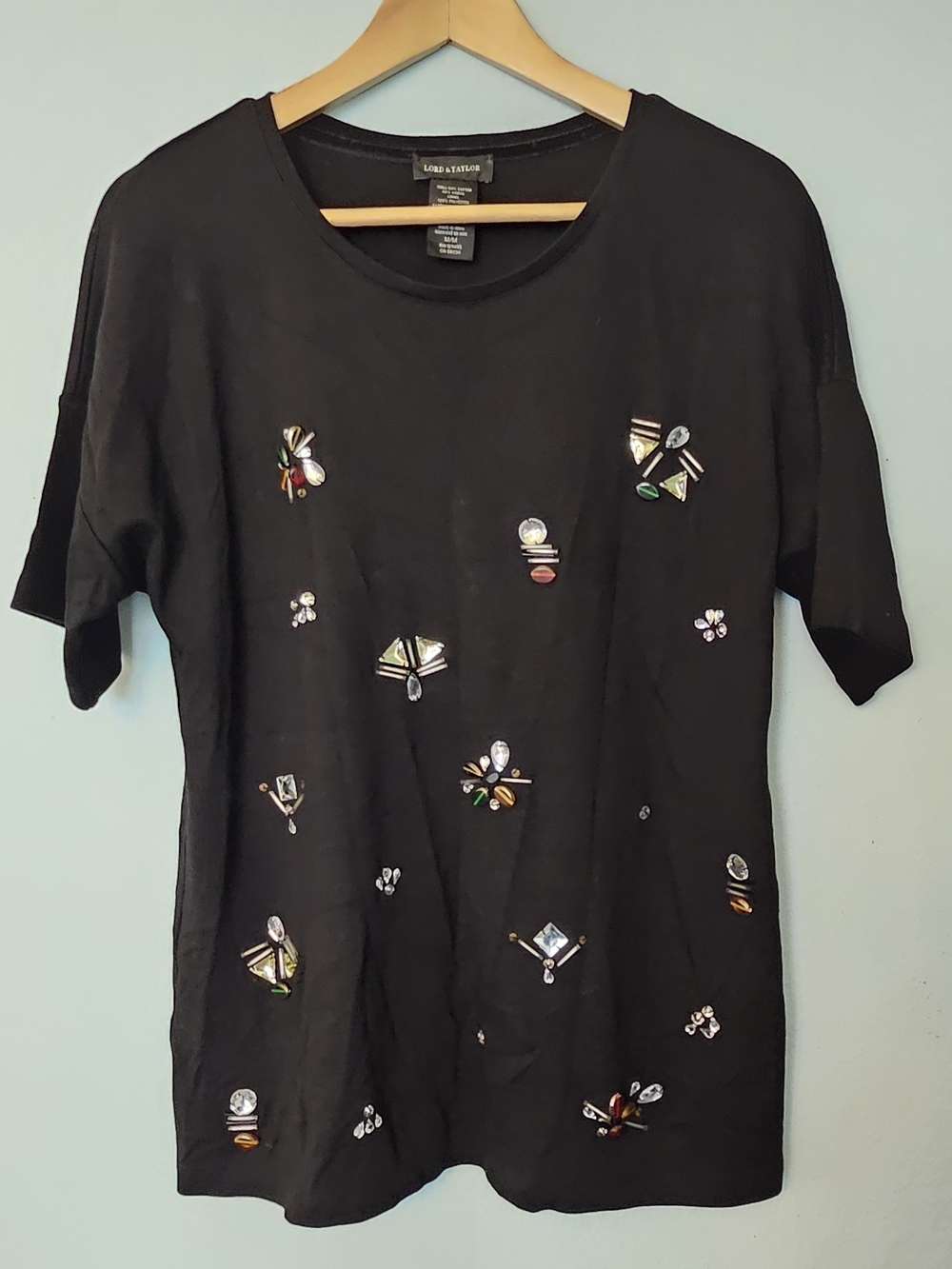 Lord & Taylor Black Short Sleeve Tee with Multicolor Rhinestone Accents